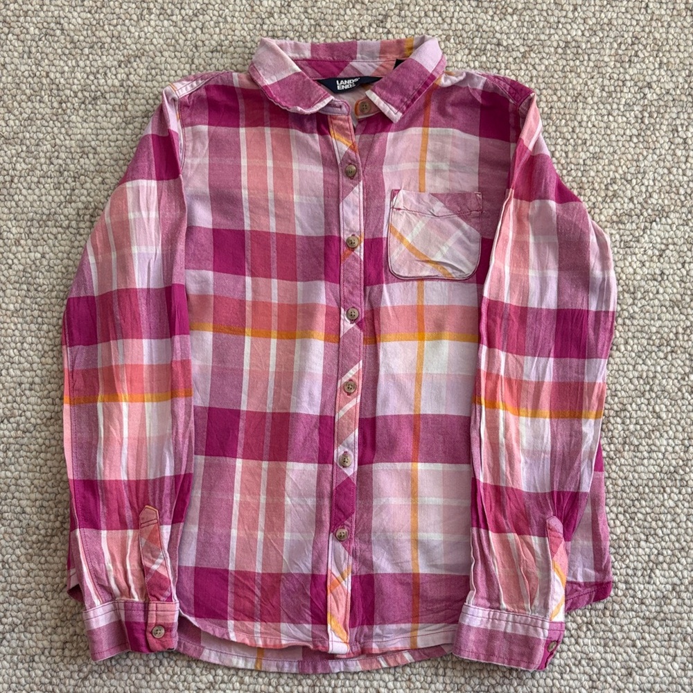 Land’s End Pink and Orange Plaid Flannel Shirt, size 10/12